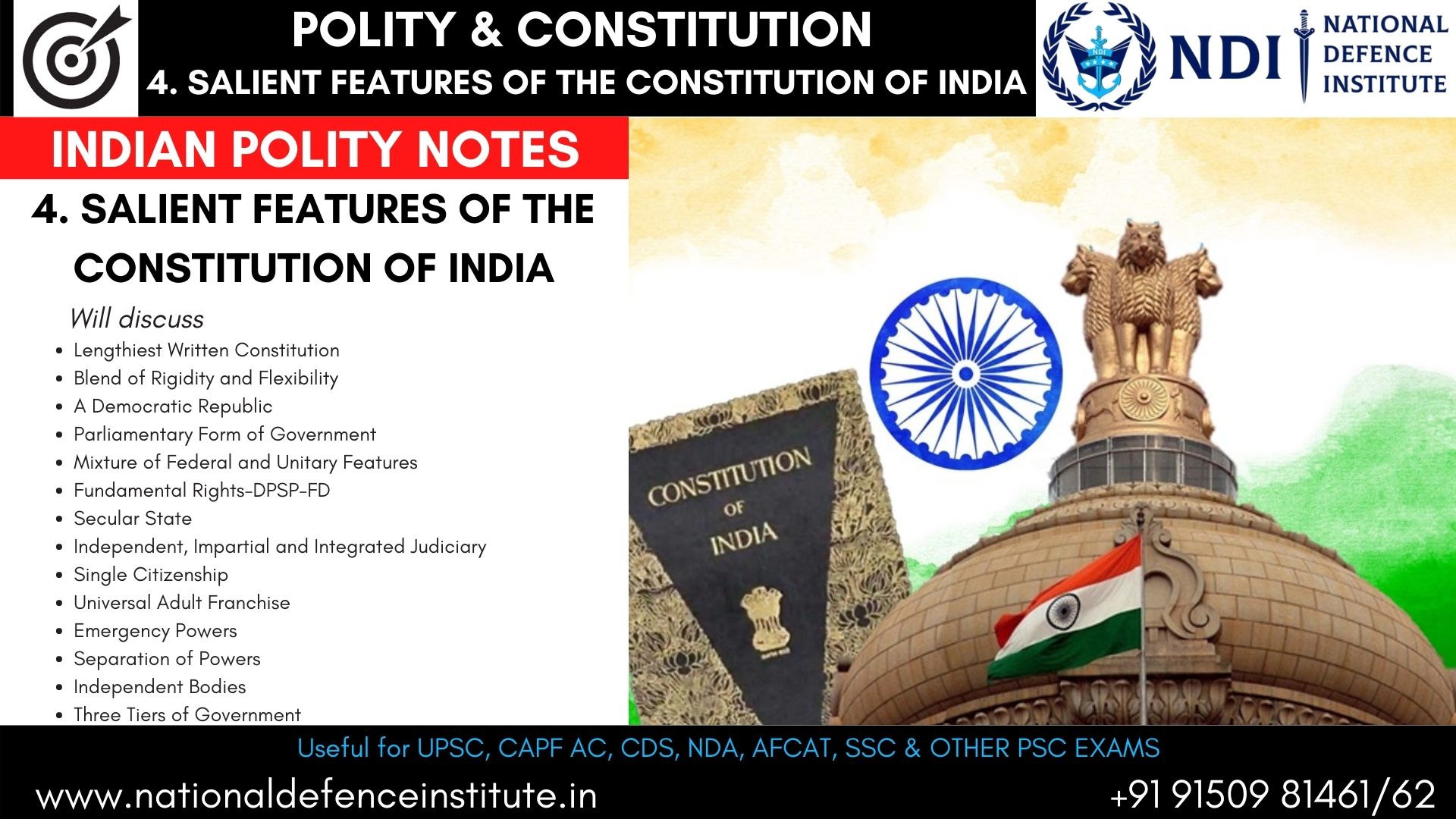 POLITY NOTES-04 | THE SALIENT FEATURES OF CONSTITUTION OF INDIA| UPSC | CAPF AC | CDS | AFCAT | NDA | SSB